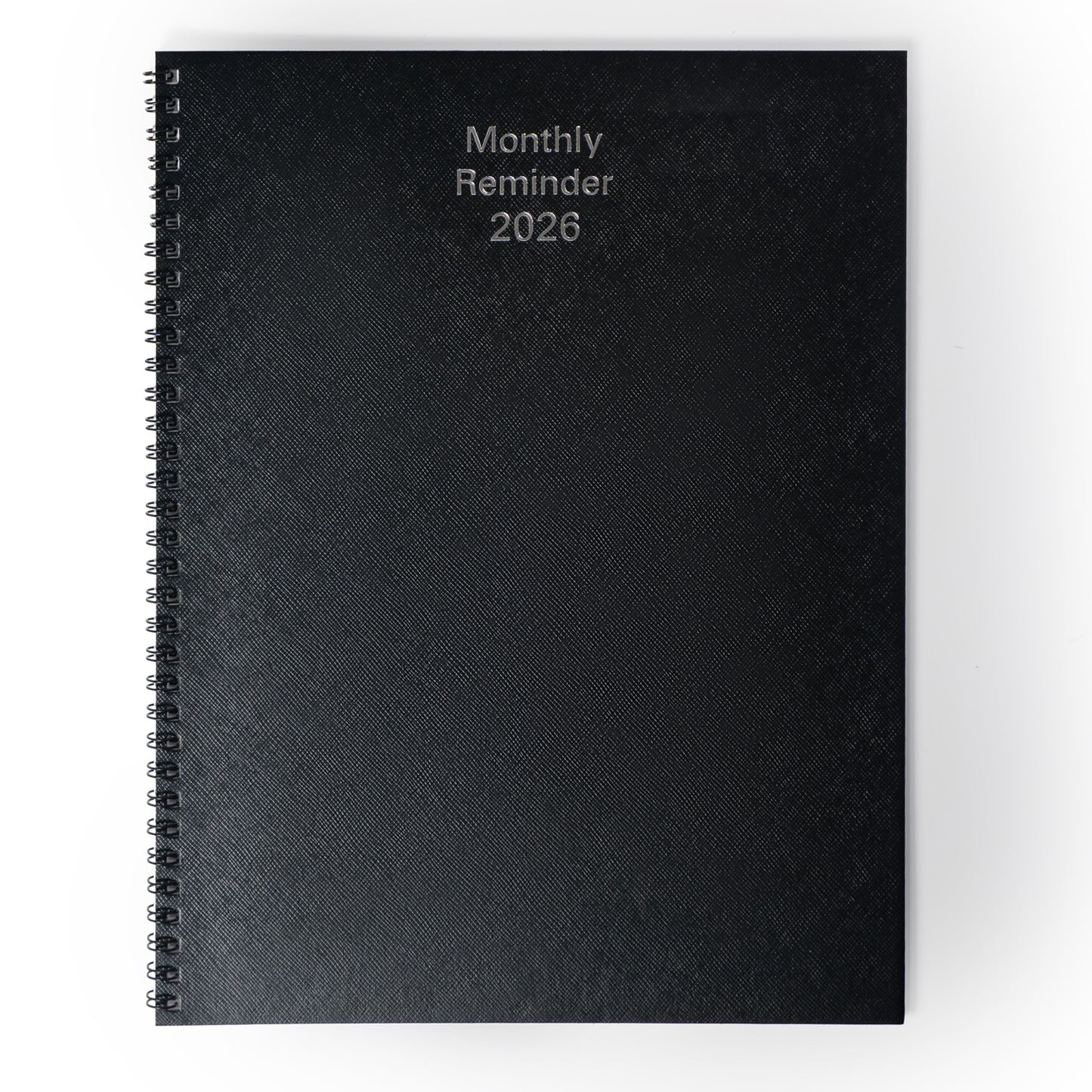 Black monthly reminder calendar for 2026 on a white background