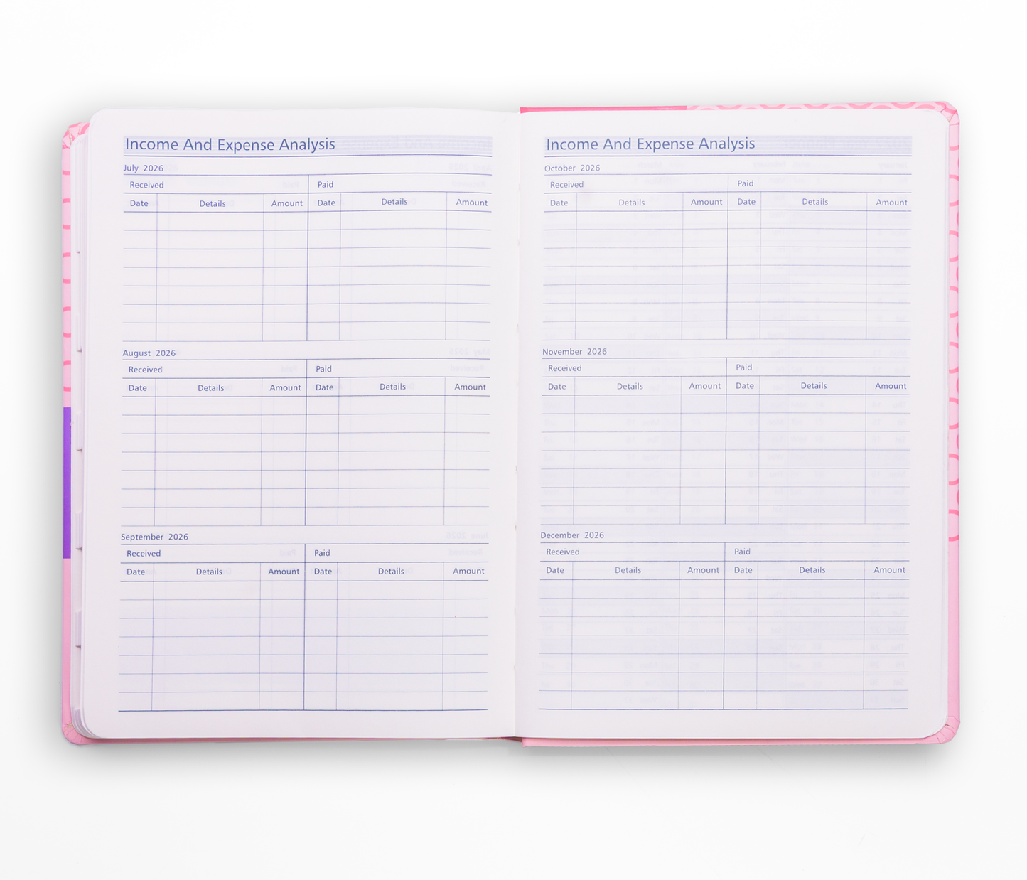 Open diary planner comes with income and expense analysis pages on a white background