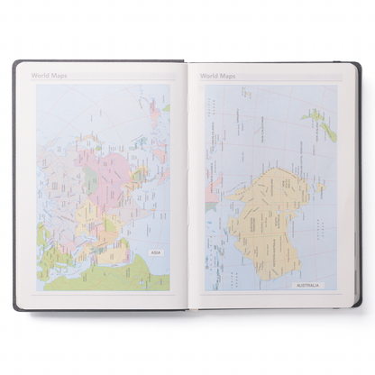 Open book with world map on a white background