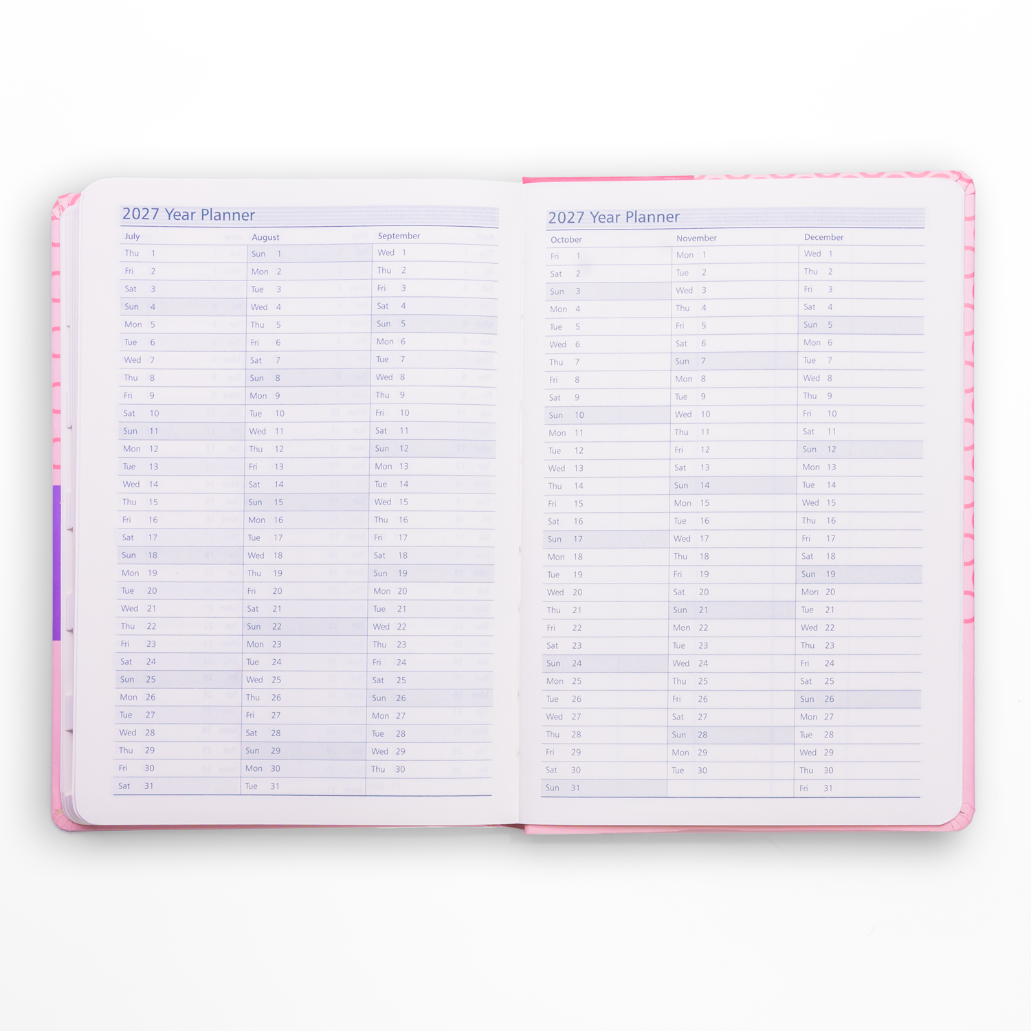 Open year planner with a pink cover on a white background