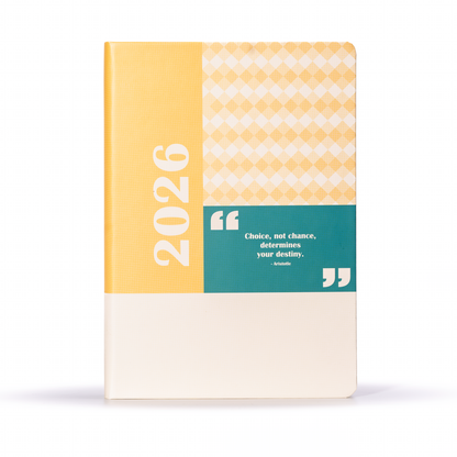 Diary Planner with a yellow and white checkered design, featuring the year 2026 and a motivational quote on a teal background.
