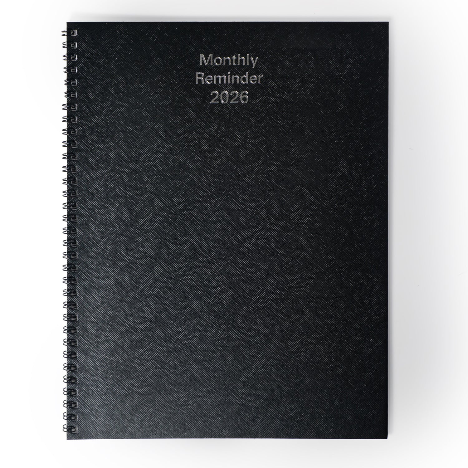 Black monthly reminder calendar for 2026 on a white background