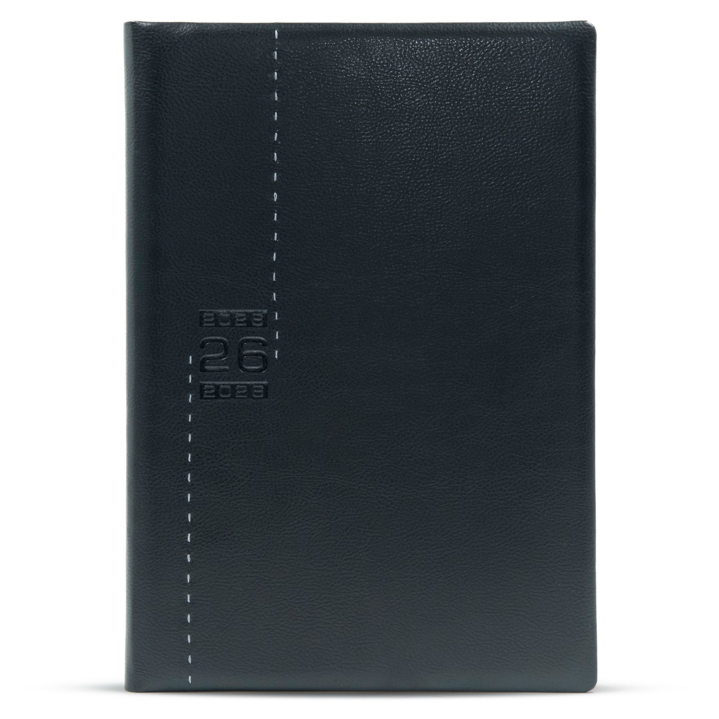 Black leather notebook with embossed text on a white background