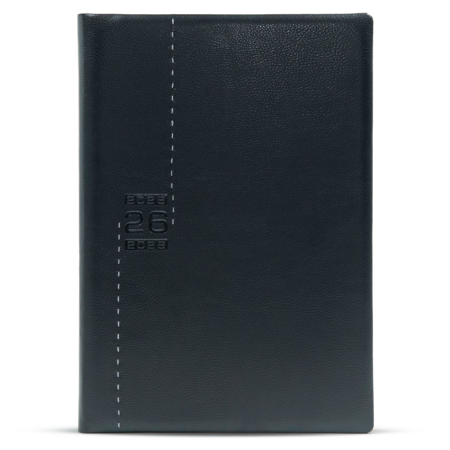 Black leather notebook with embossed text on a white background
