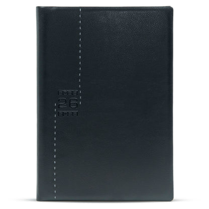 Black leather notebook with embossed text on a white background
