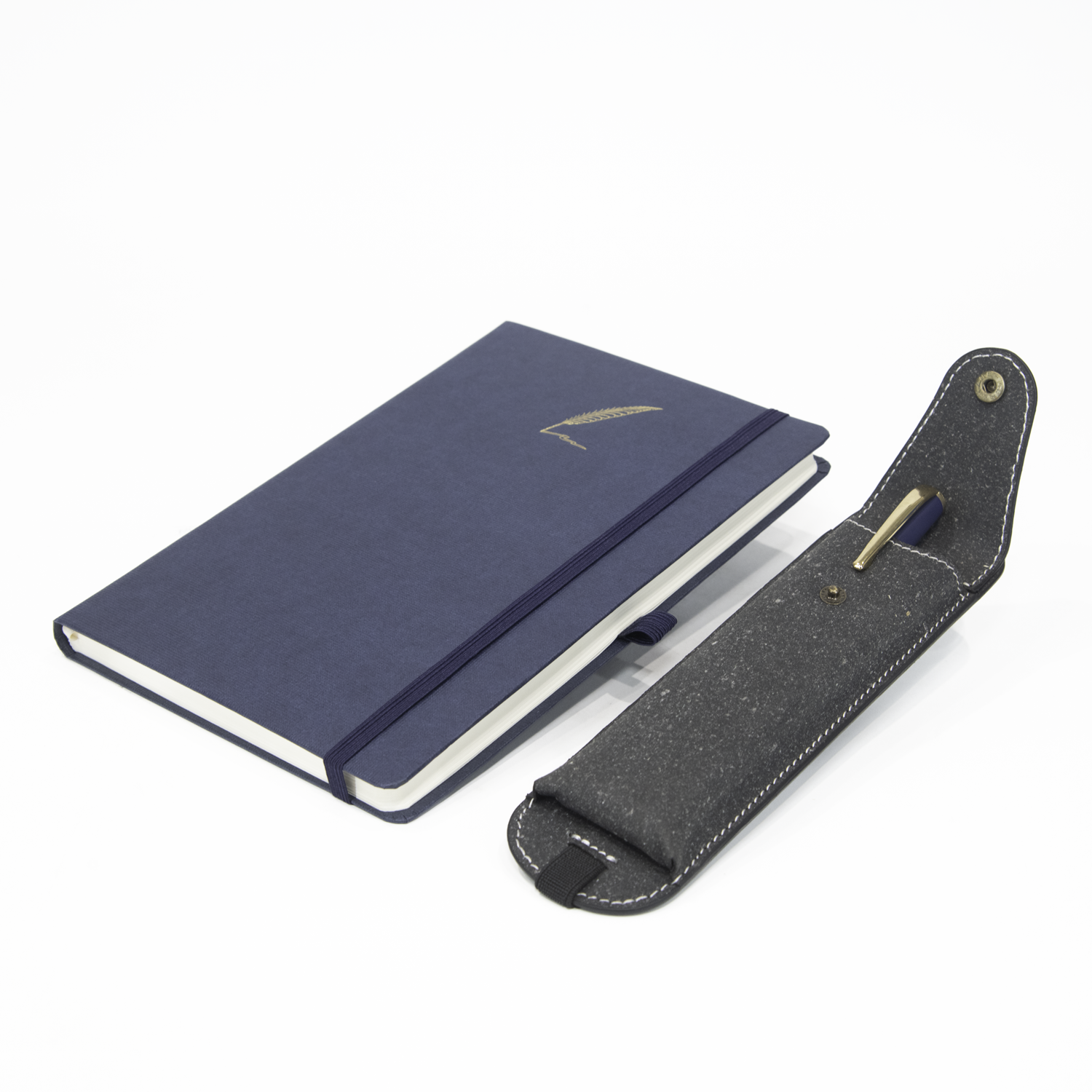Blue notebook with a pen holder on a white background
