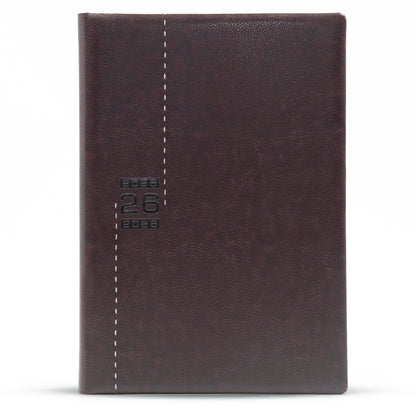 Brown leather notebook with stitching detail on a white background