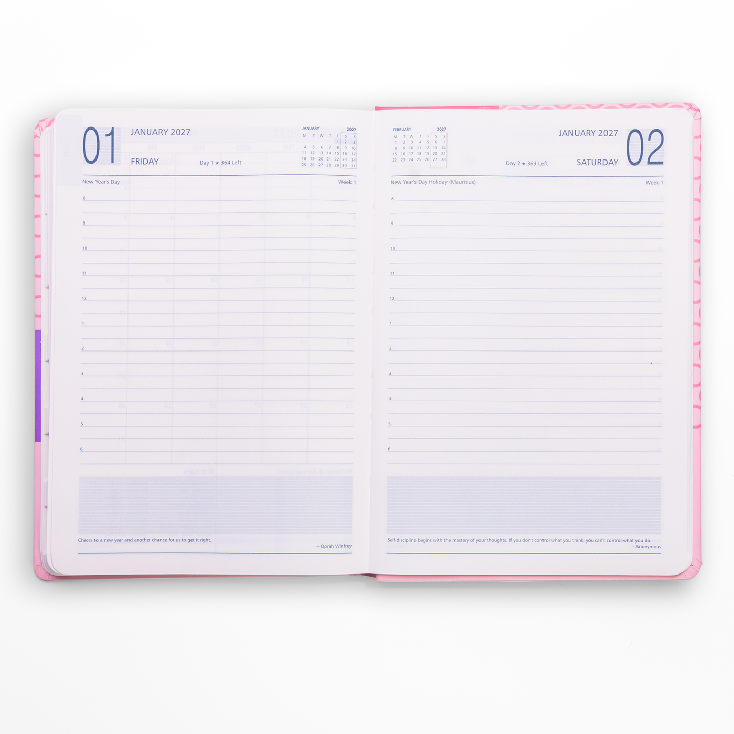 Open planner showing two pages with calendar and notes sections on a white background