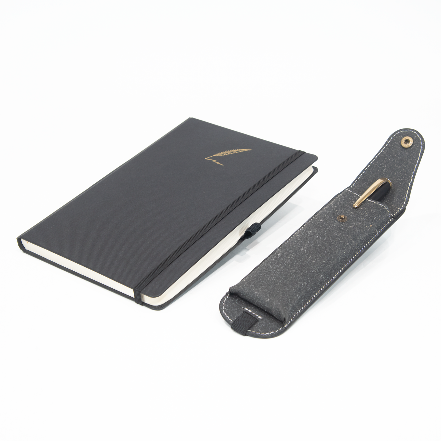 Black notebook with a pen holder on a white background