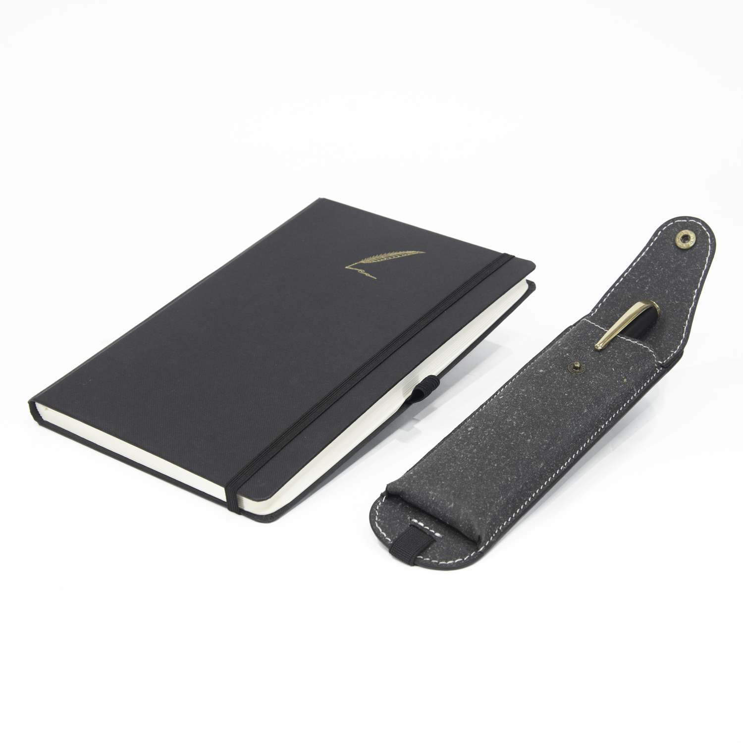 Black notebook with a pen holder on a white background