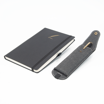 Black notebook with a pen holder on a white background