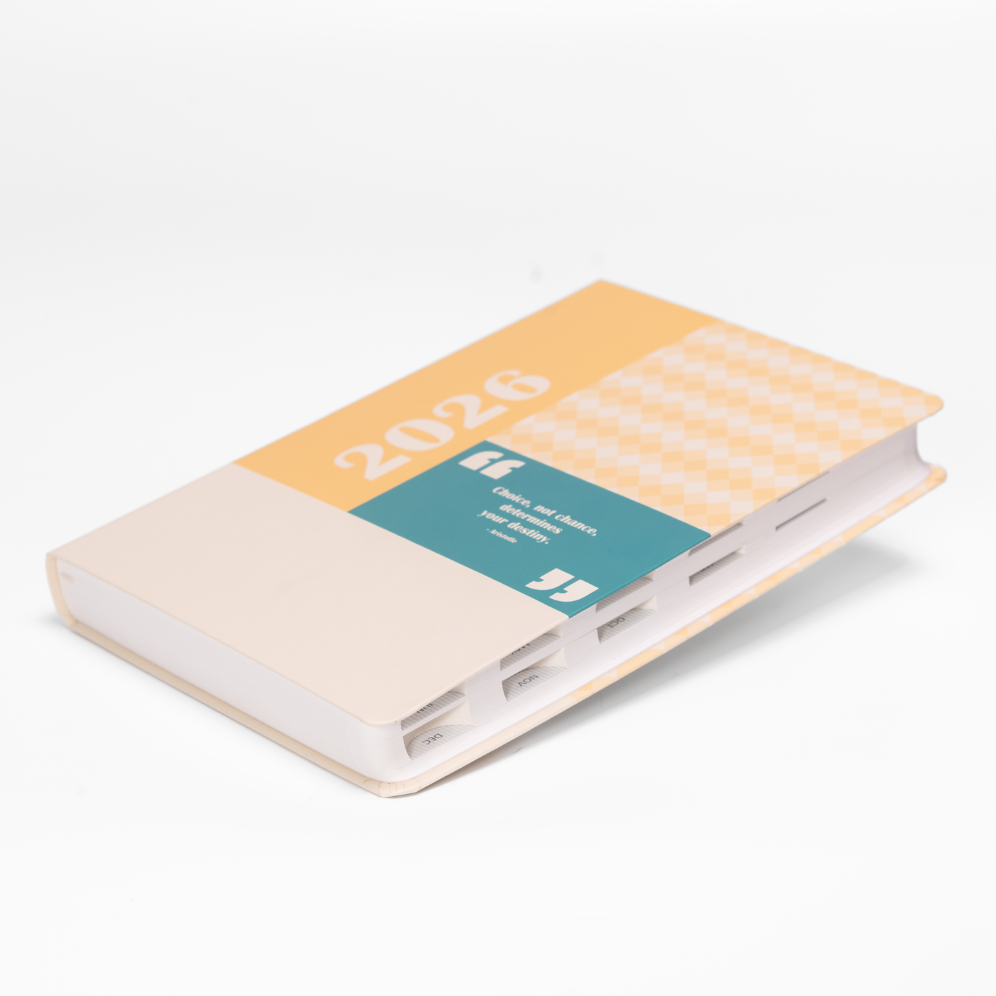 2026 planner with a yellow cover and white pages on a white background