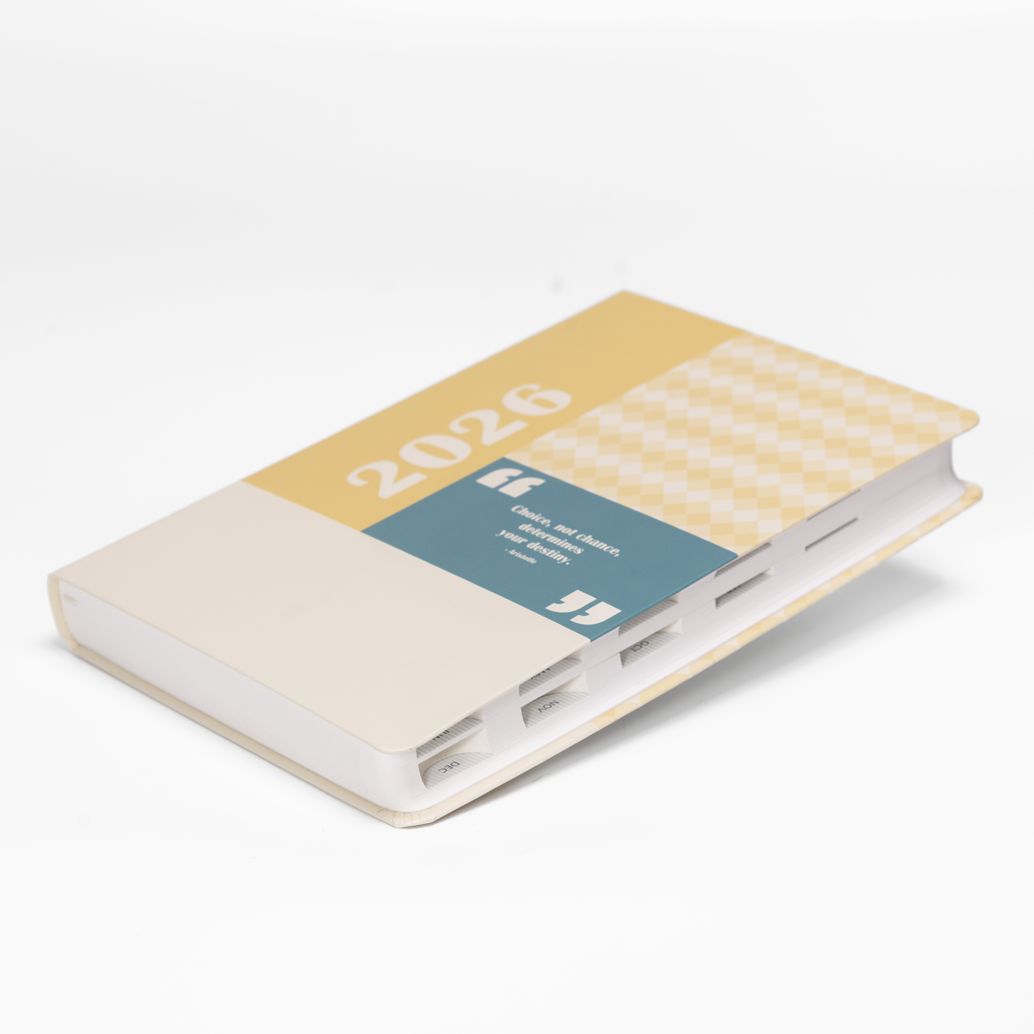 2026 planner with a yellow cover and white pages on a white background