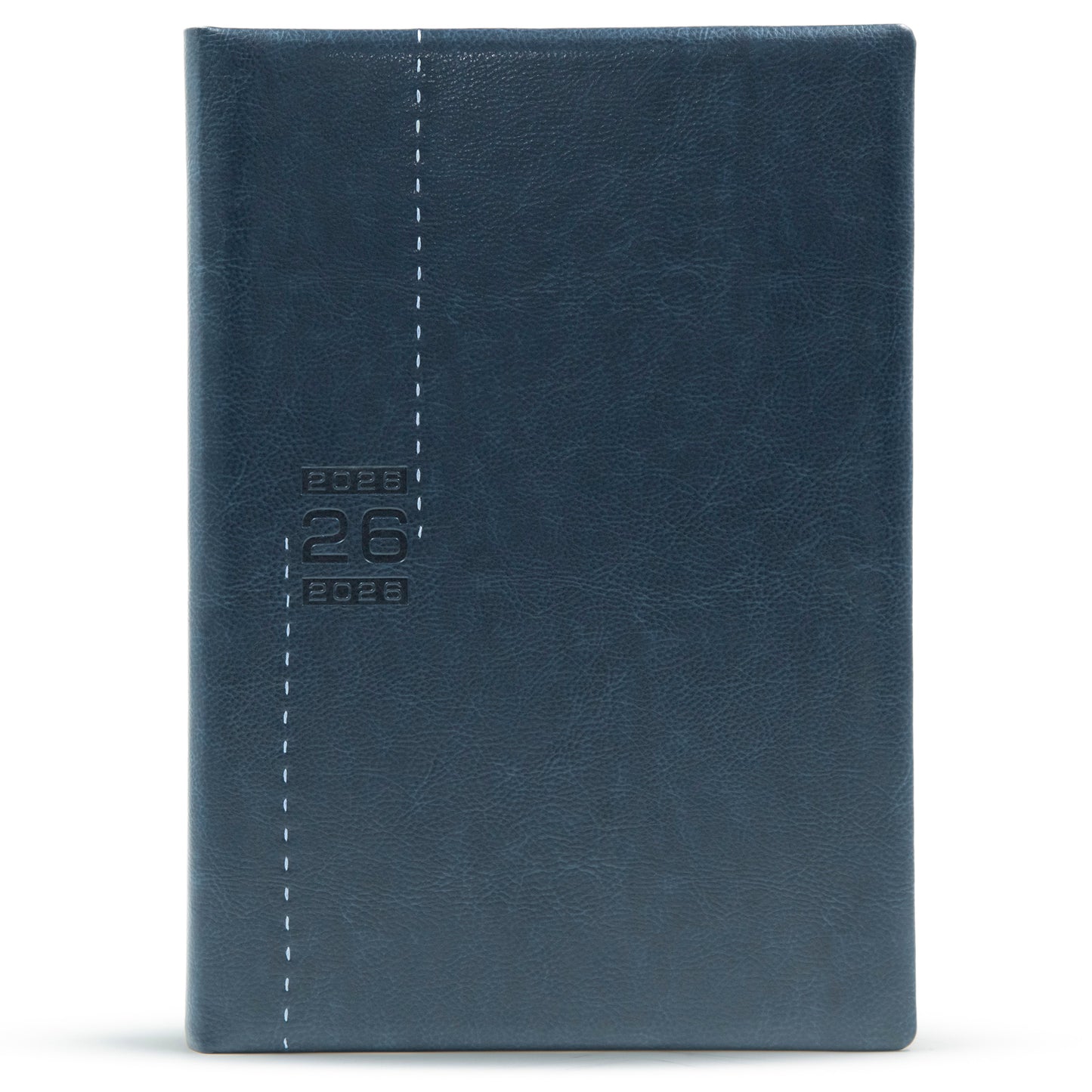 Blue leather notebook with stitching detail on a white background