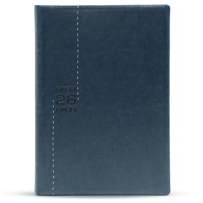 Blue leather notebook with stitching detail on a white background
