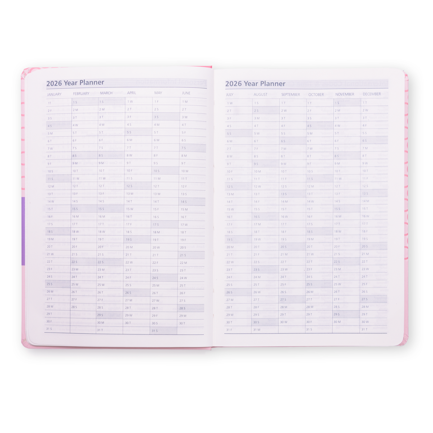 Open planner with 2026 year planner layout on a white background