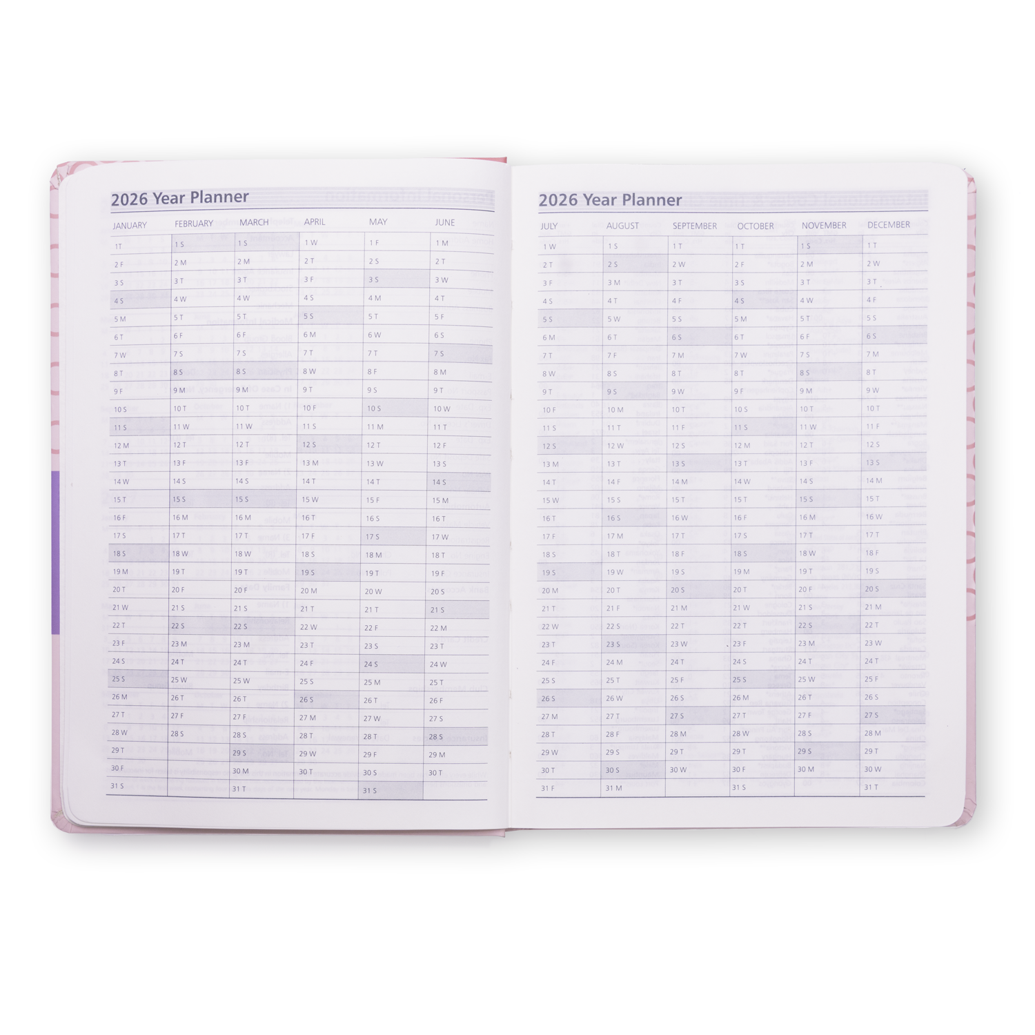 Open planner with 2026 year planner layout on a white background