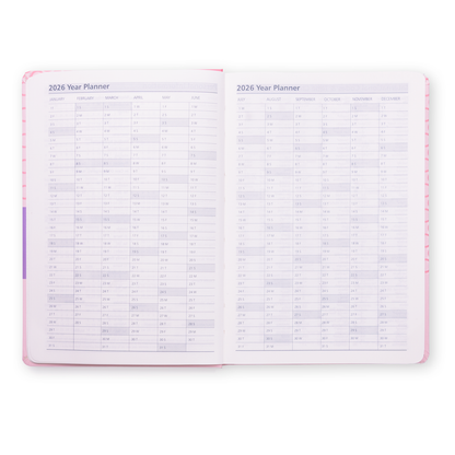 Open planner with 2026 year planner layout on a white background