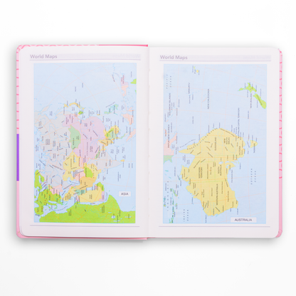 Open book with world map illustrations on a white background