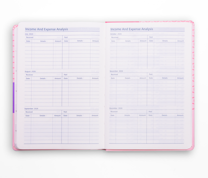 Open diary planner comes  with income and expense analysis pages on a white background
