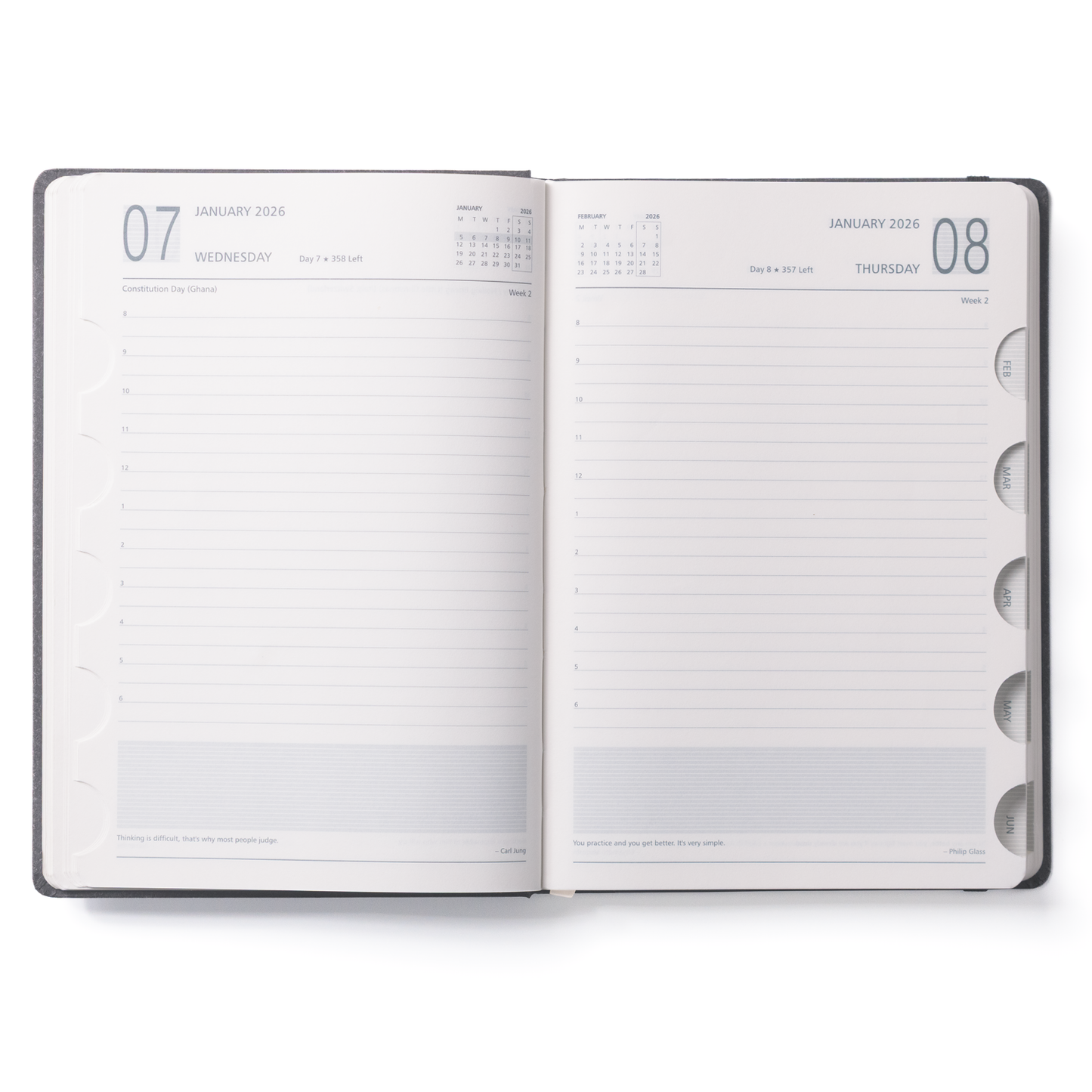 Open diary with calendar and notes sections on a white background