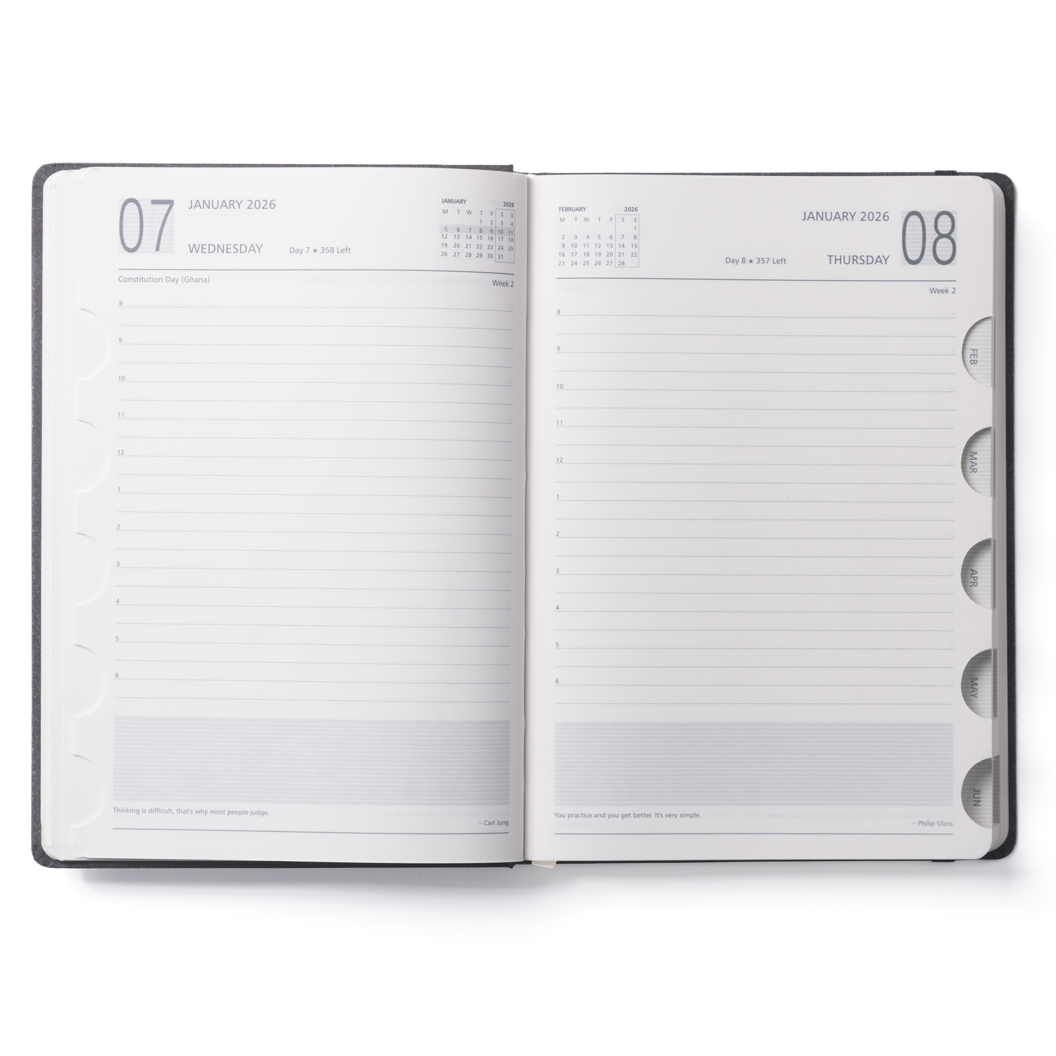 Open diary with calendar and notes sections on a white background