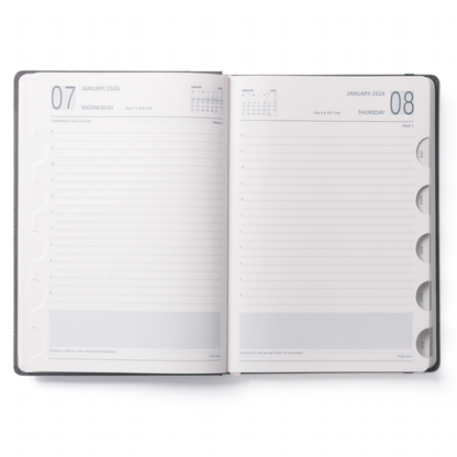 Open diary with calendar and notes sections on a white background