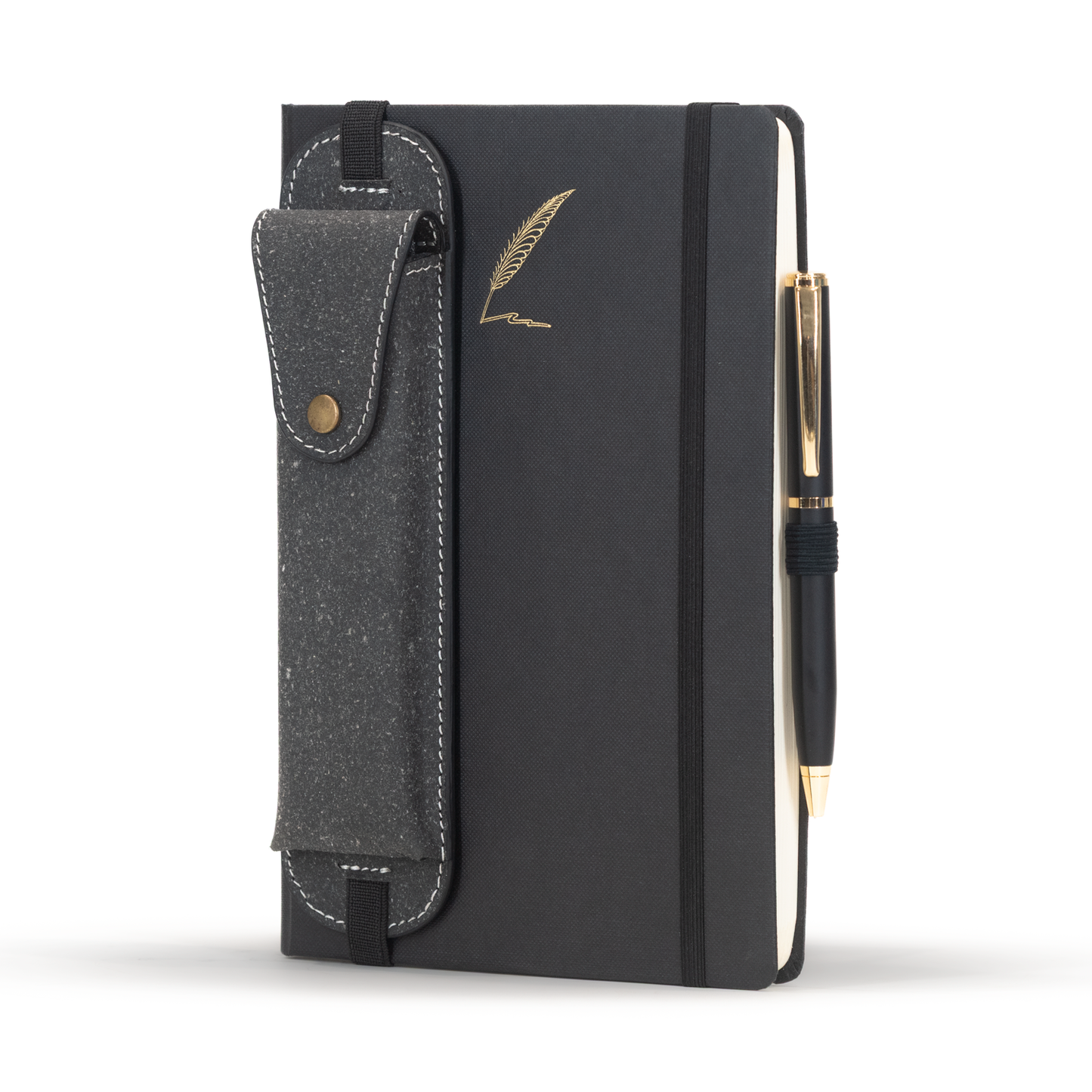 Black notebook with a pen holder and gold pen on a white background