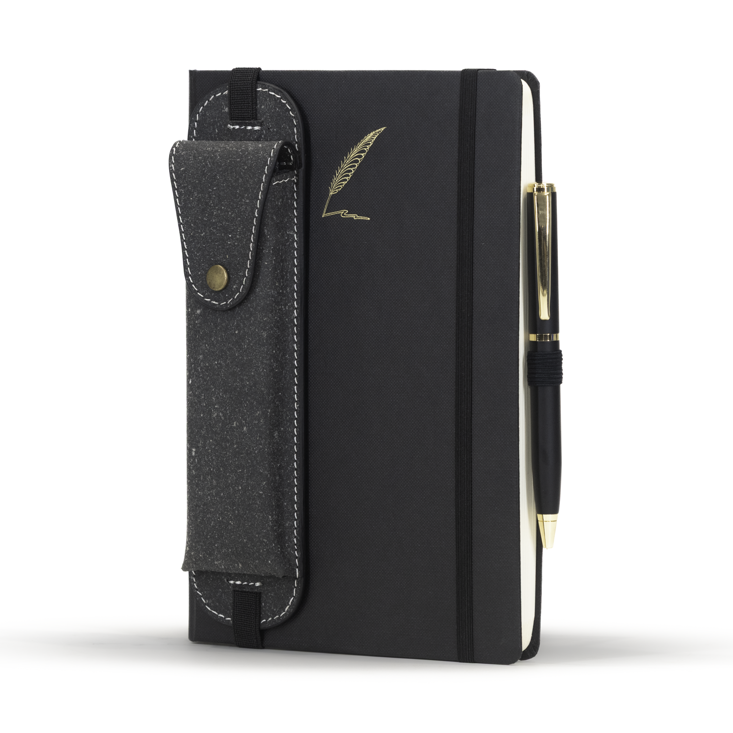 Black notebook with a pen holder and gold pen on a white background