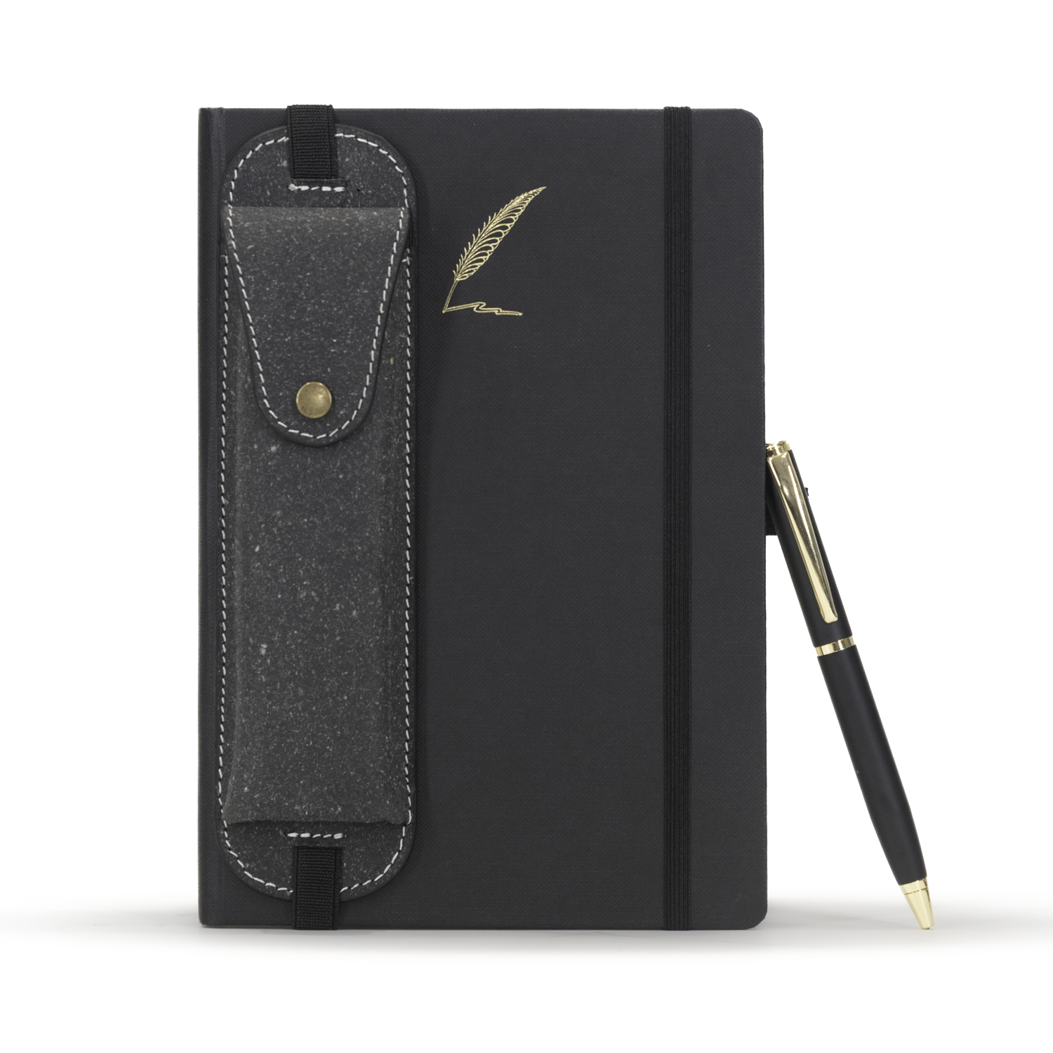 Black notebook with a pen holder and gold feather design on a white background