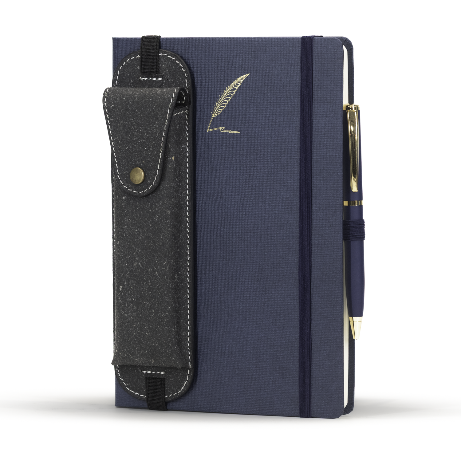 Blue notebook with a pen holder and feather design on a white background
