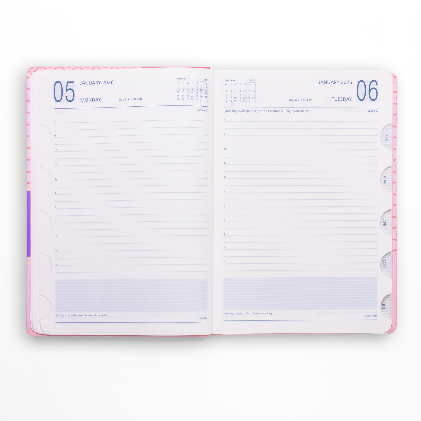 Open daily planner with calendar and notes section on a white background