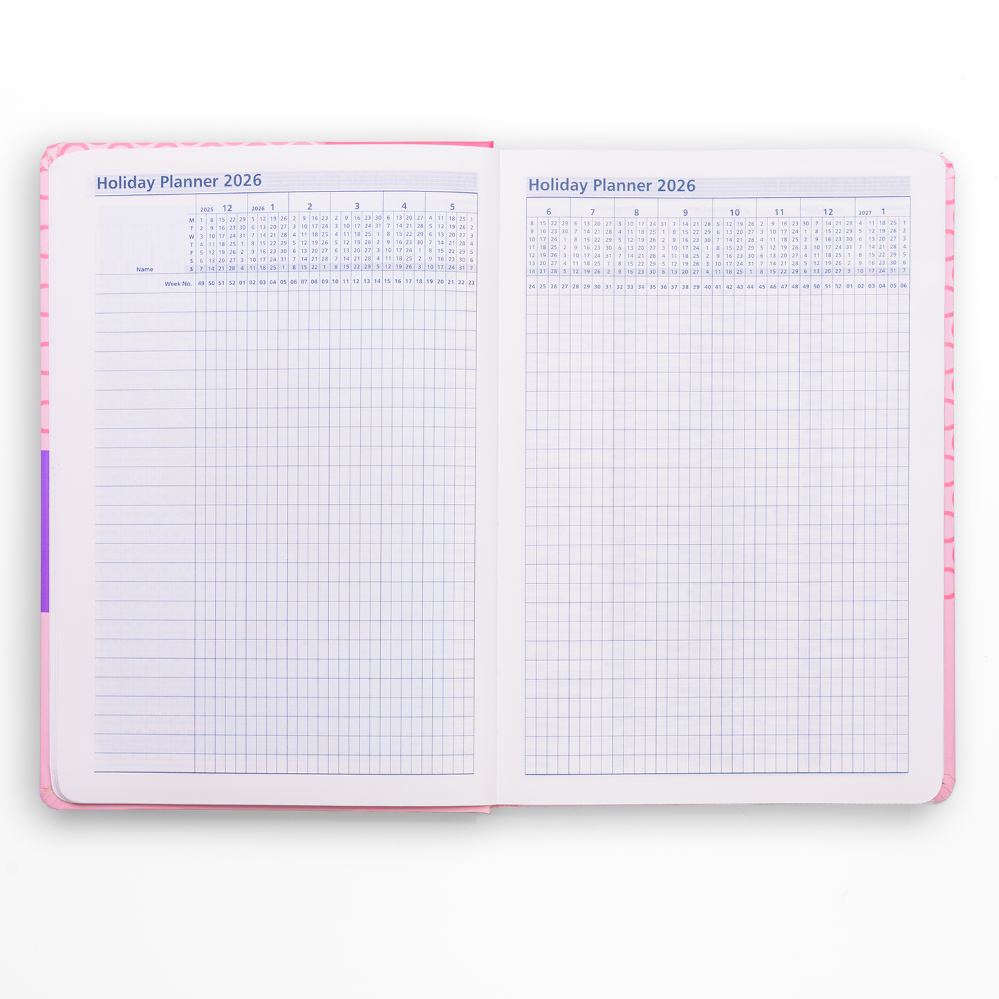 Open holiday planner with grid and list layout on a white background