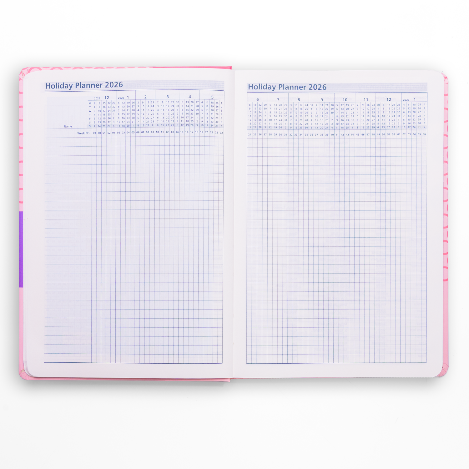 Open holiday planner with grid and list layout on a white background