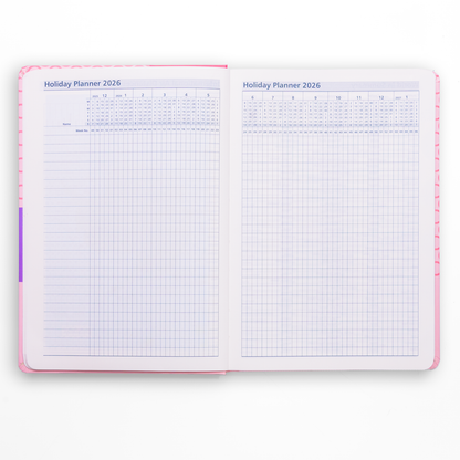 Open holiday planner with grid and list layout on a white background