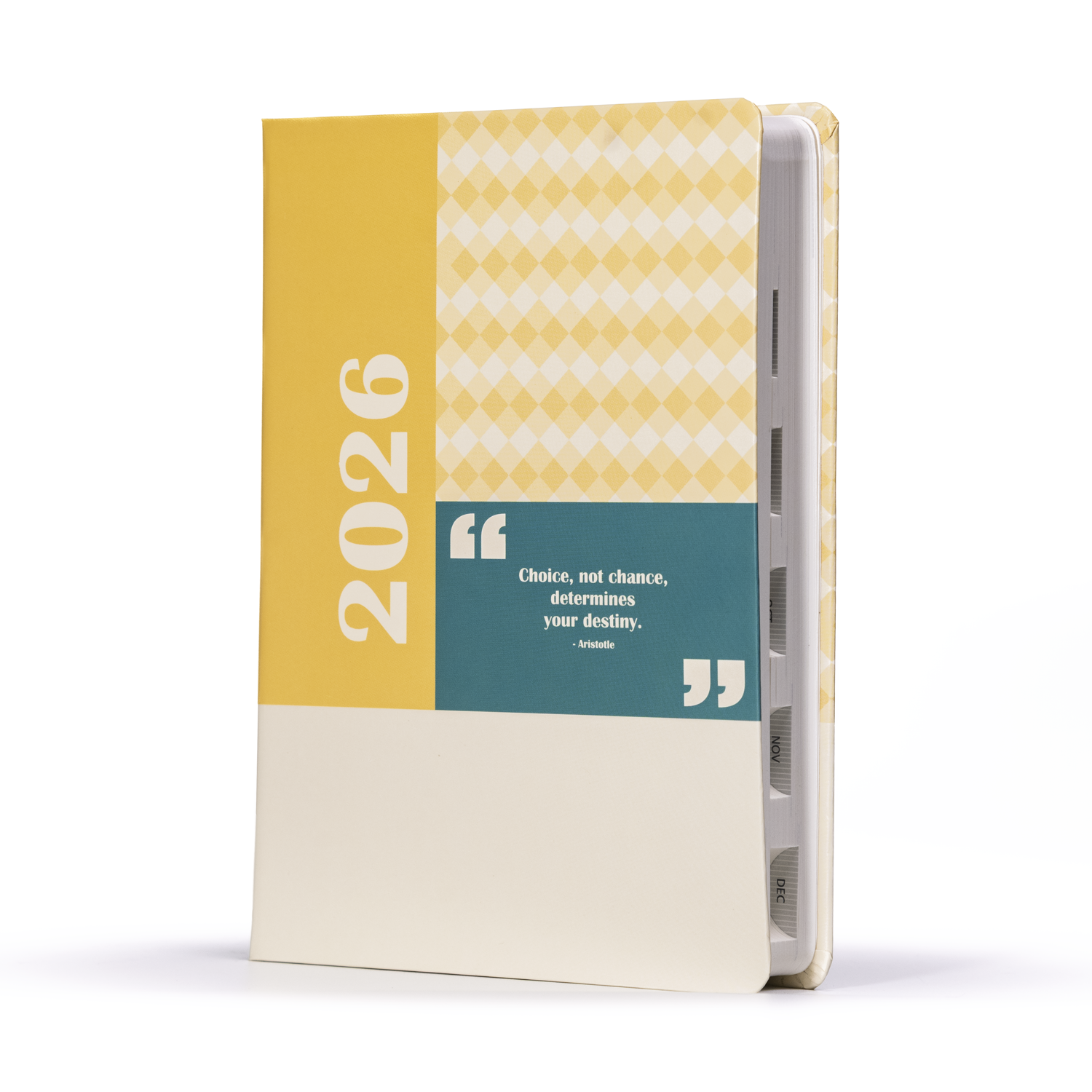 Notebook with yellow cover displaying '2026' and a motivational quote on a white background