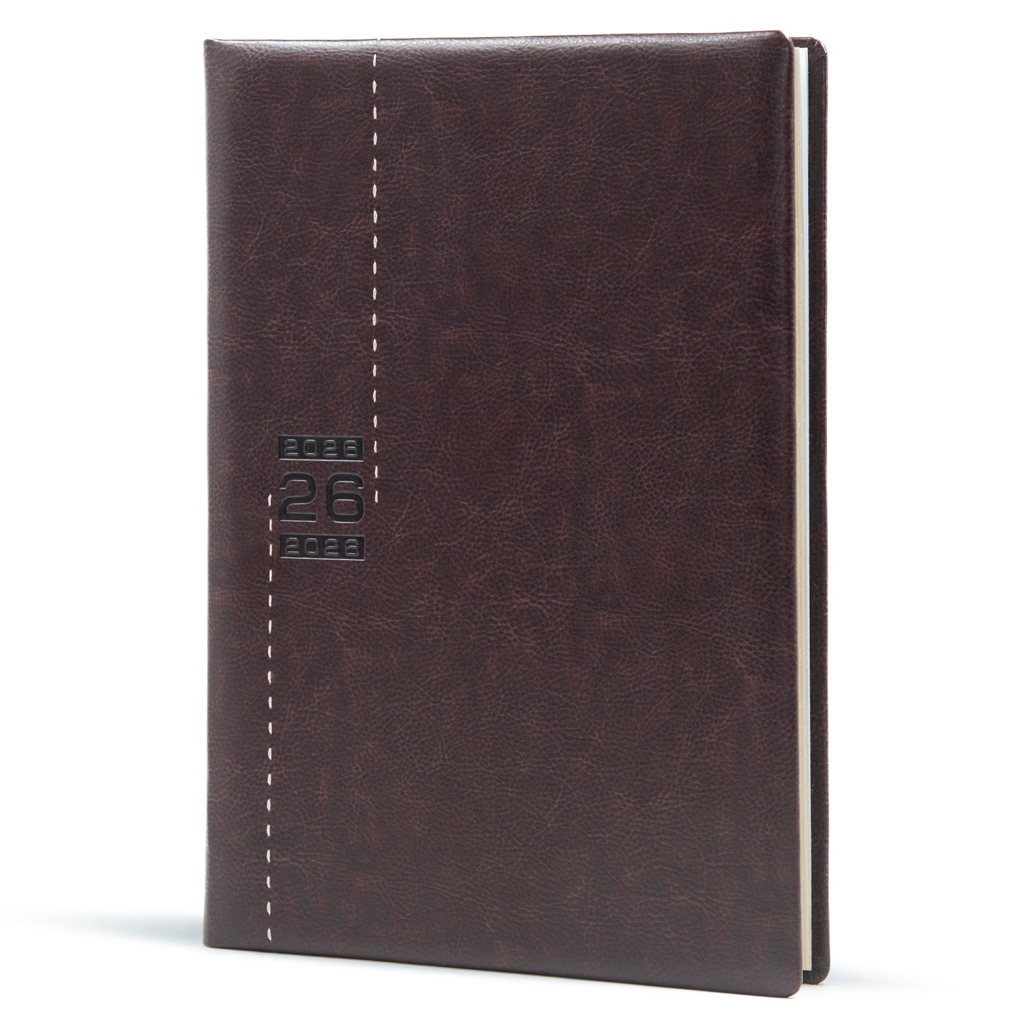 Brown leather notebook with stitching detail on a white background