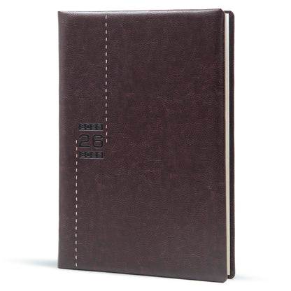 Brown leather notebook with stitching detail on a white background