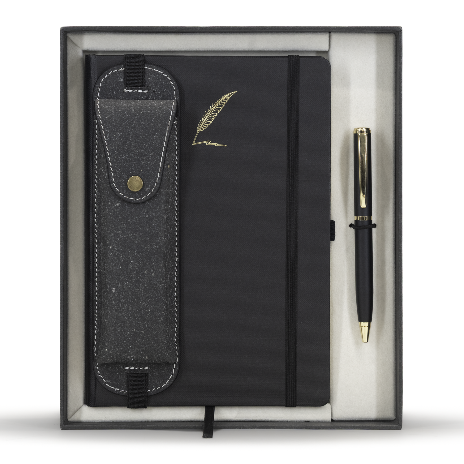 Black notebook with a pen and pouch in a box on a white background
