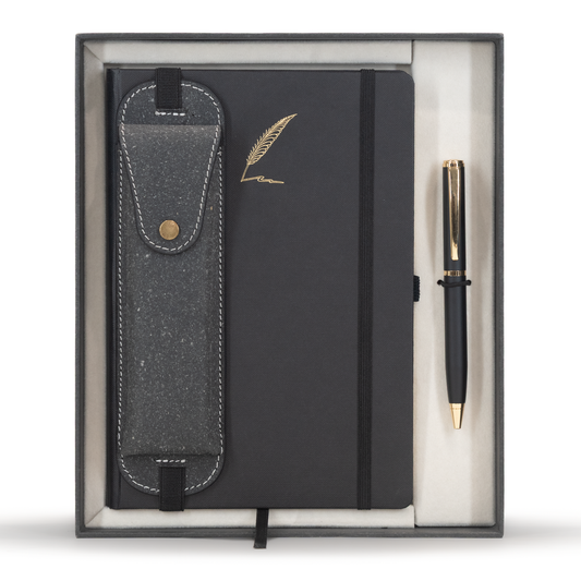 Black notebook with a pen and pouch in a box on a white background