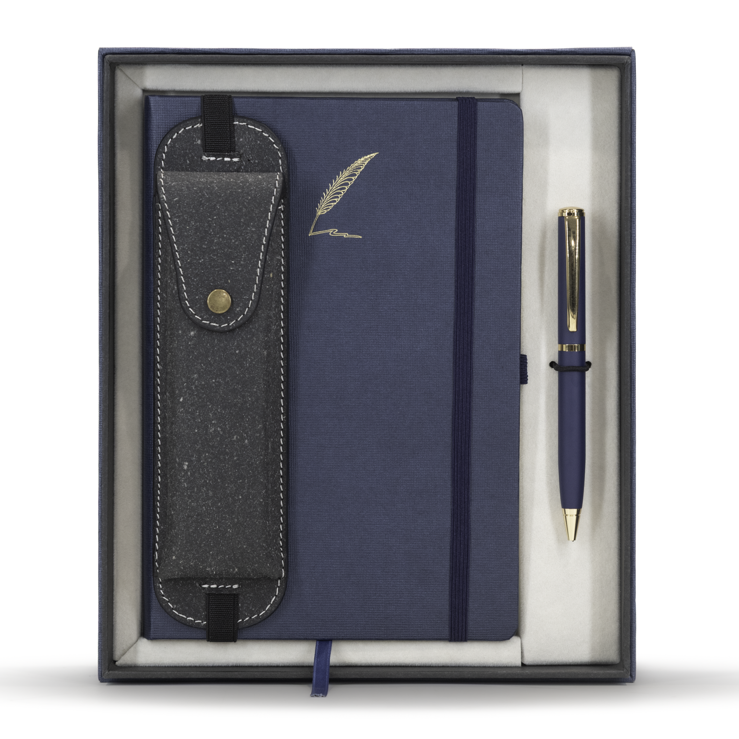 Navy blue notebook with pen and luggage tag in a box