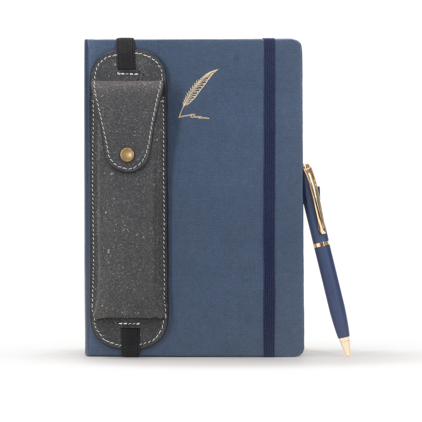 Blue notebook with pen holder and pen on a white background