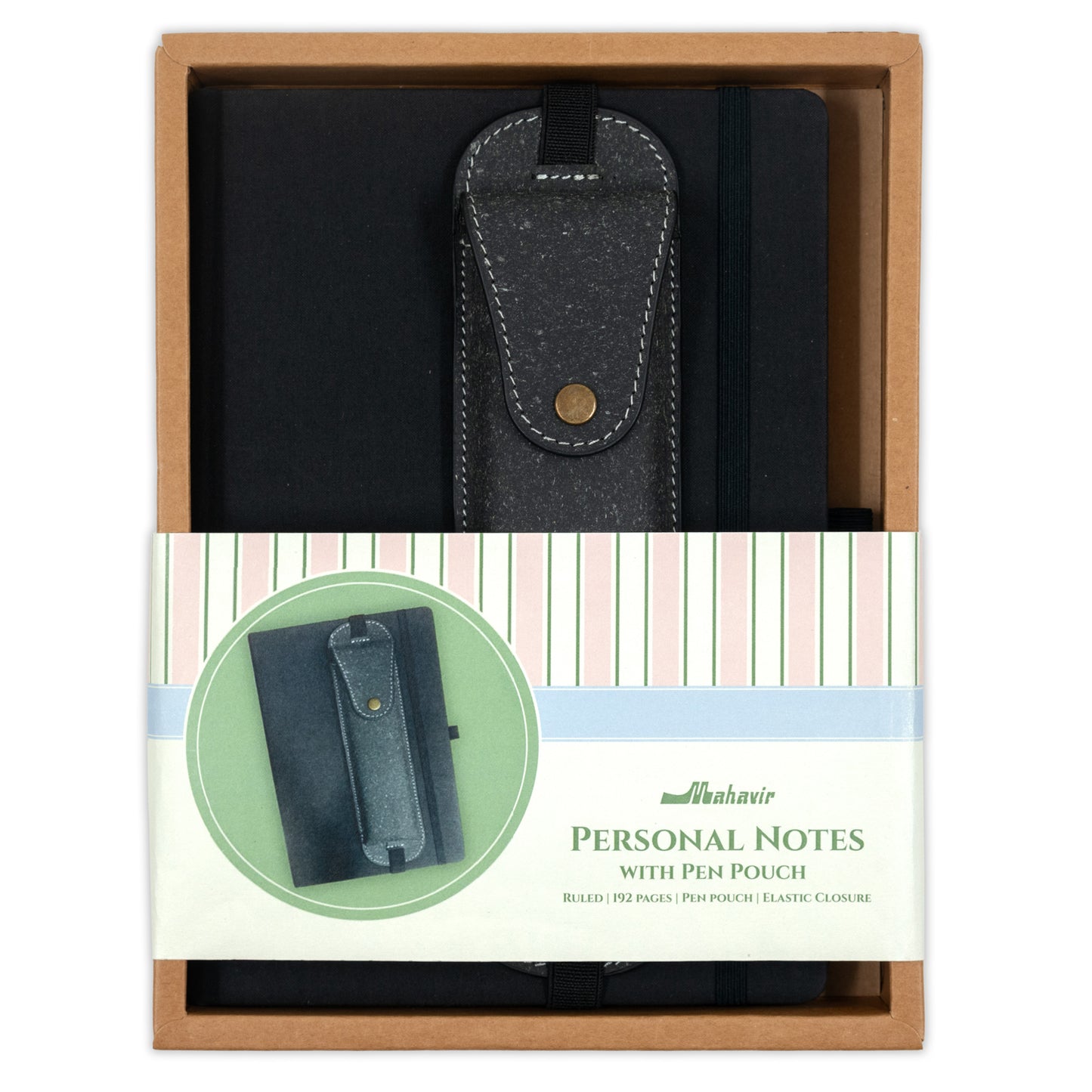Notebook with Elastic Band and Leather Pen Pouch - A5 Size