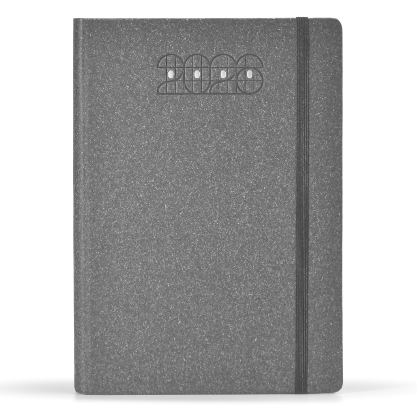 Gray notebook with a black strap on a white background