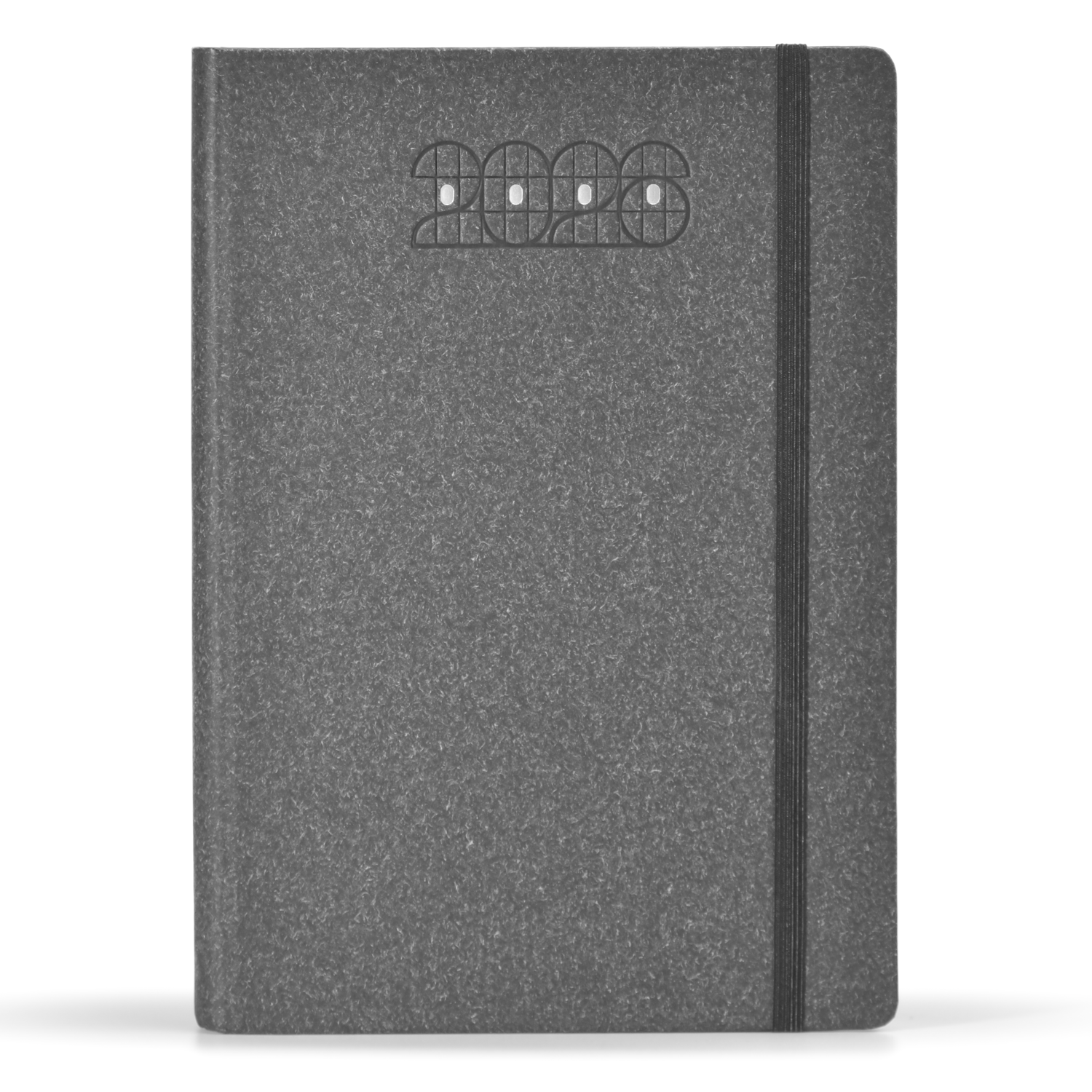 Gray notebook with a black strap on a white background