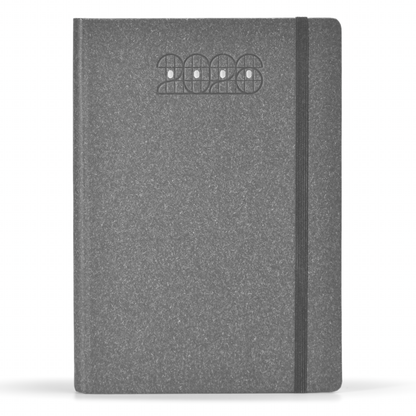 Gray notebook with a black strap on a white background
