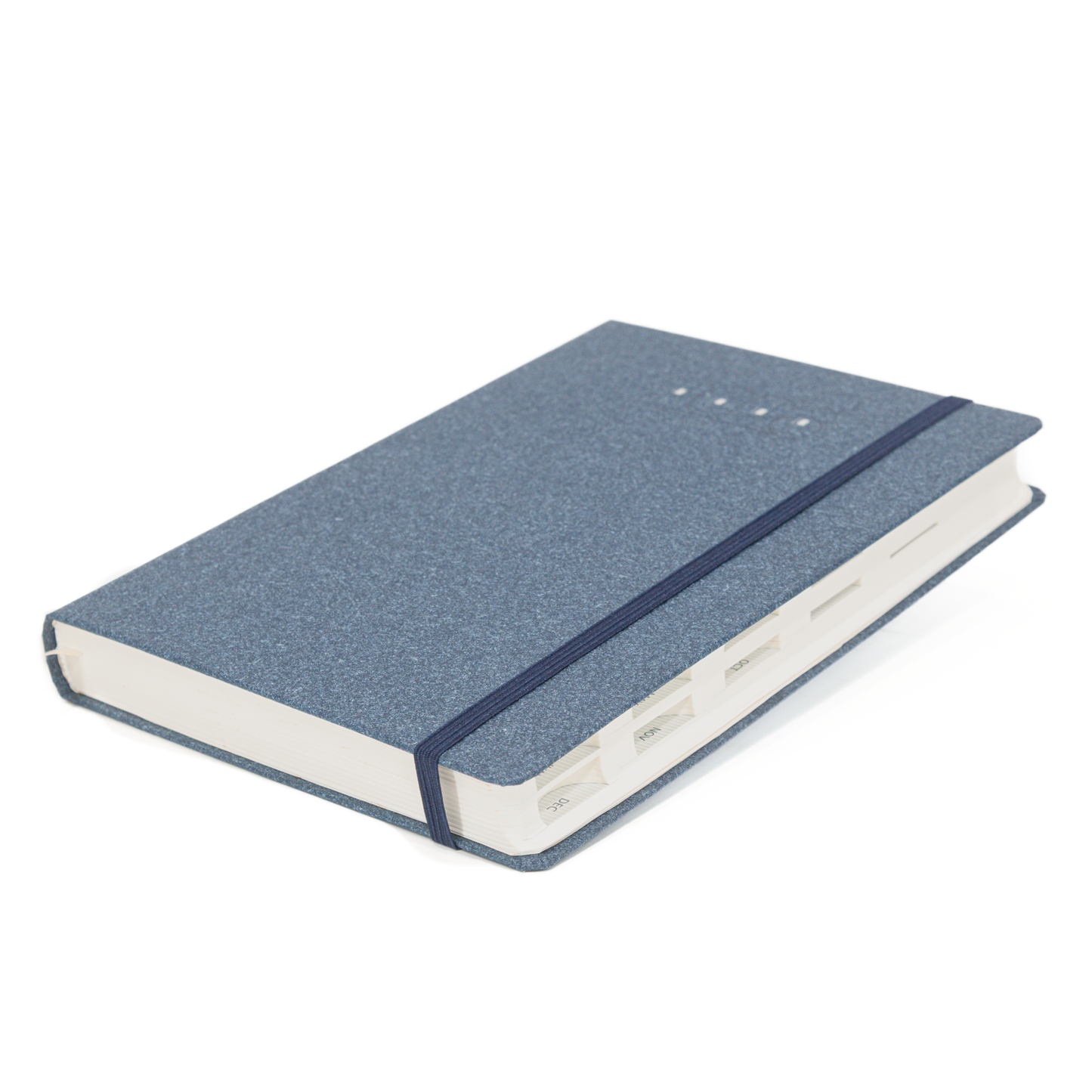 Blue notebook with a textured cover on a white background