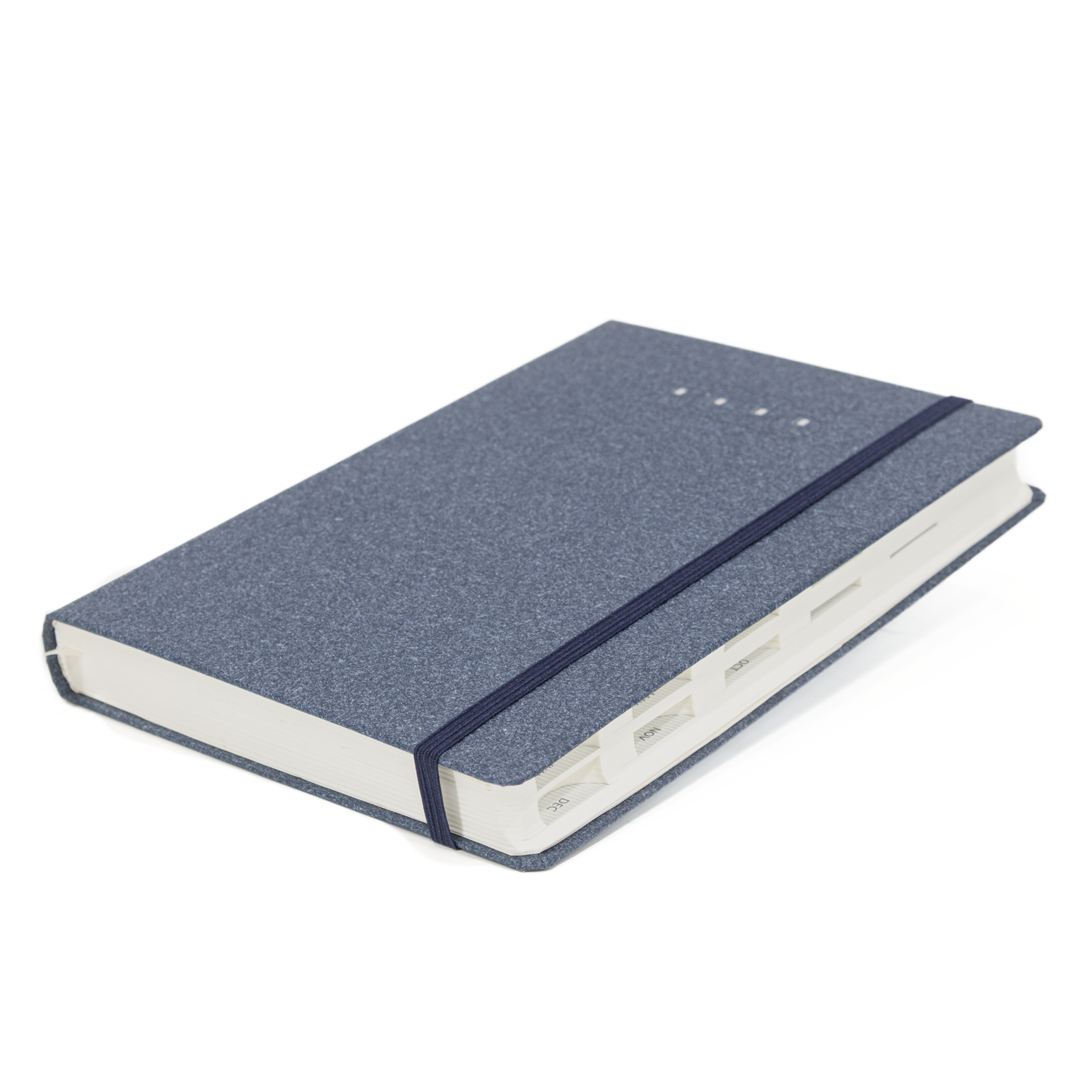 Blue notebook with a textured cover on a white background