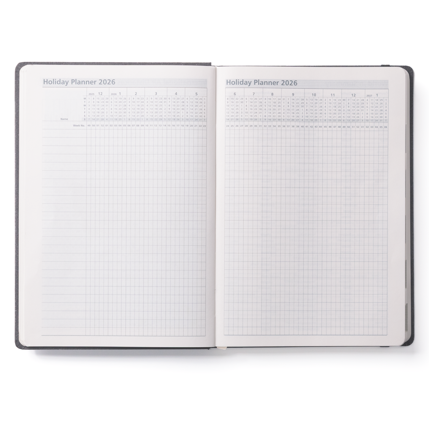 Open diary with grid pages on a white background