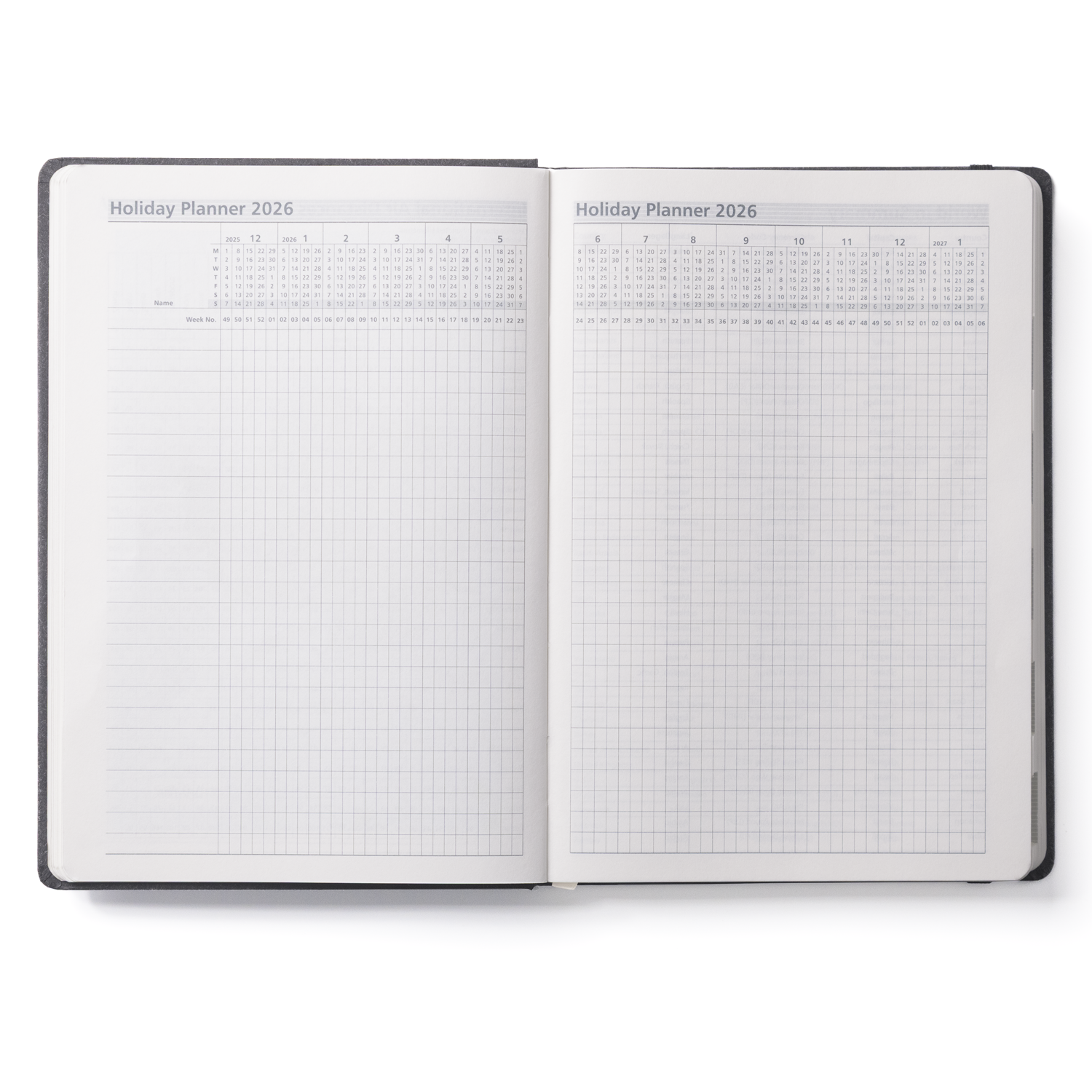 Open diary with grid pages on a white background